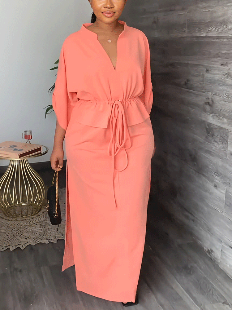 V-neck drawstring maxi dress - View 8 | Lwiis