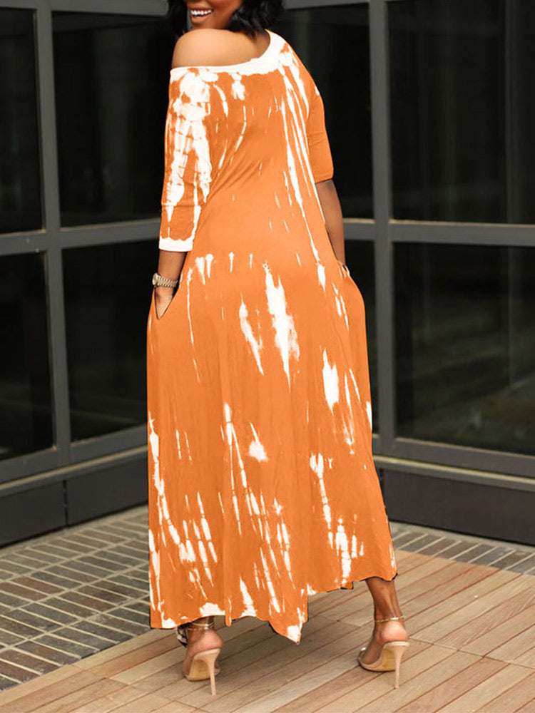 Tie dye print maxi dress with off-the-shoulder neckline and asymmetrical hem - View 6 | Lwiis