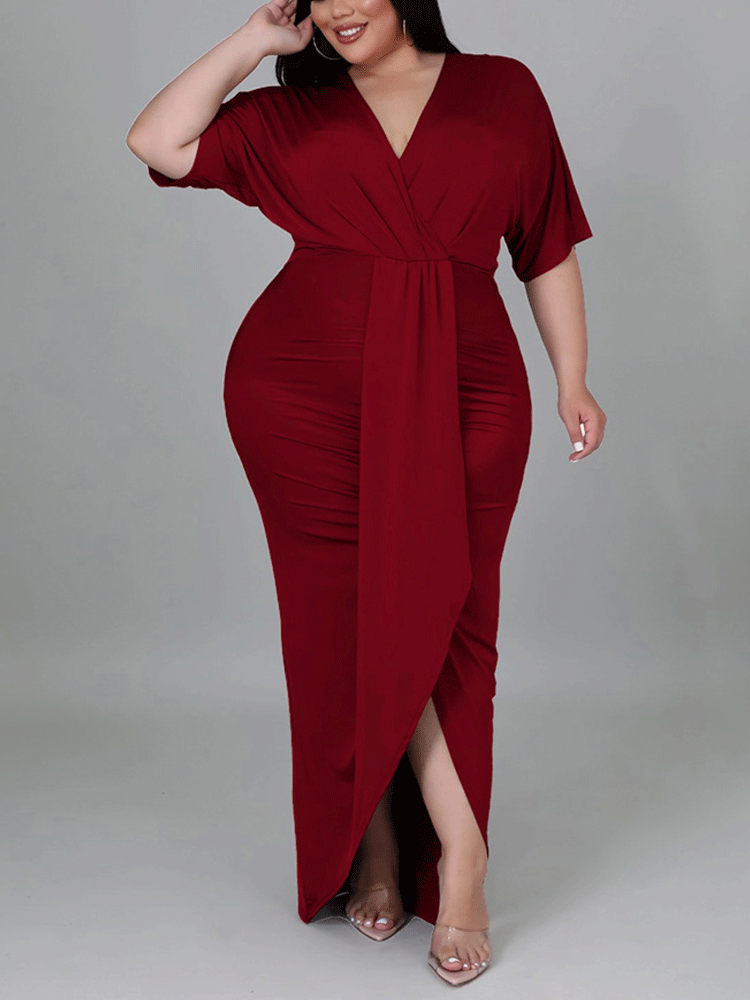 V-neck maxi dress with draped detailing and high slit - View 10 | Lwiis