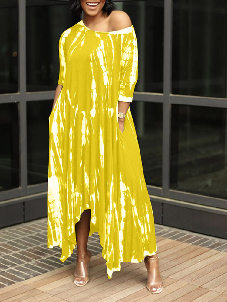 Tie dye print maxi dress with off-the-shoulder neckline and asymmetrical hem - View 7 | Lwiis