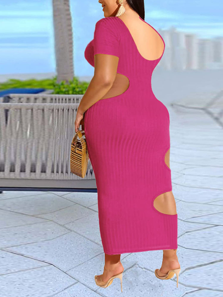 Ribbed knit fitted midi dress with cut-out detail - View 10 | Lwiis