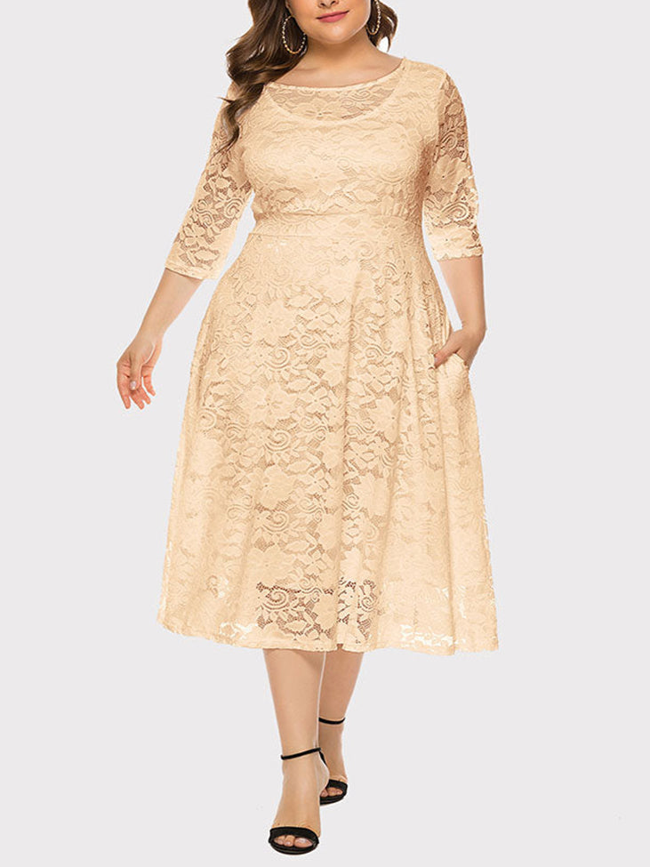 Plus size beige lace midi dress with pockets