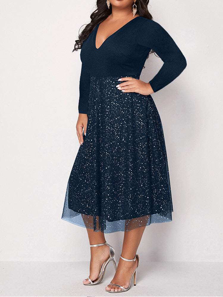Contrast Mesh V-Neck Midi Dress - View 6 | Lwiis
