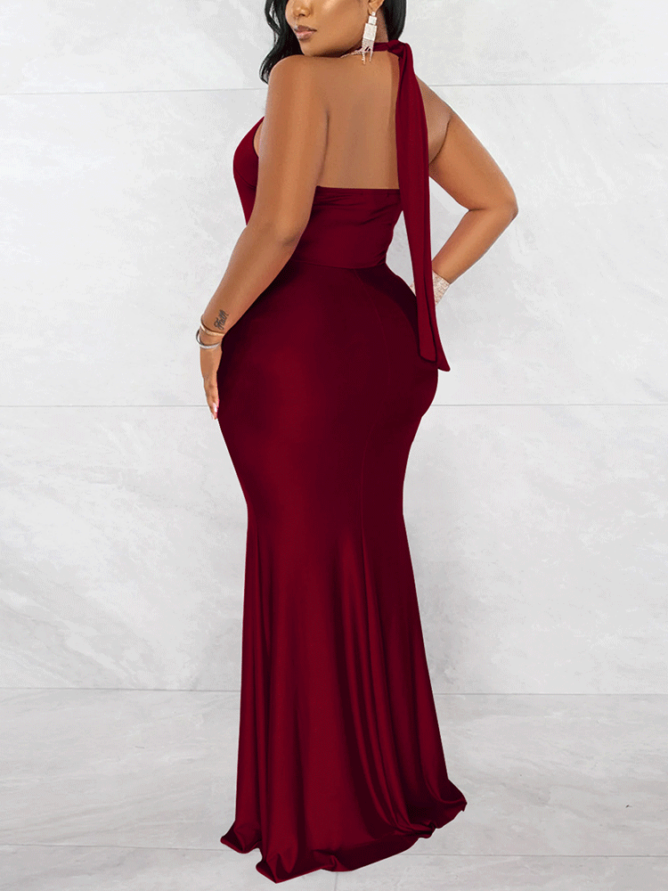 Halter neck ruched maxi dress - View 6 | Lwiis