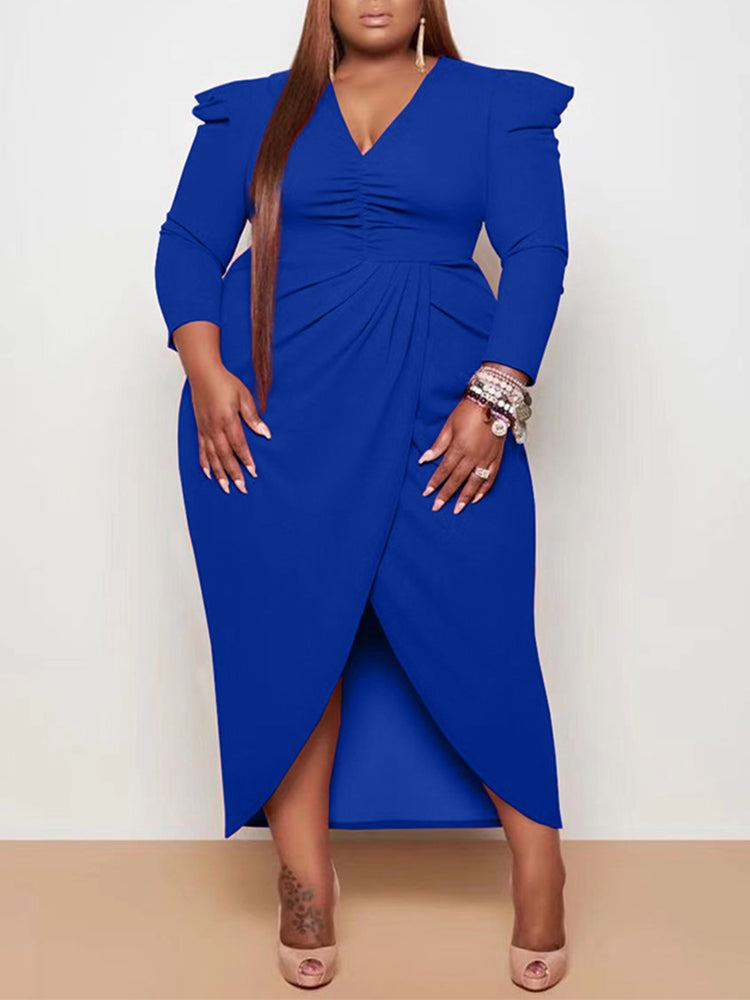 Ruched V-Neck Midi Dress with Split Skirt - View 8 | Lwiis