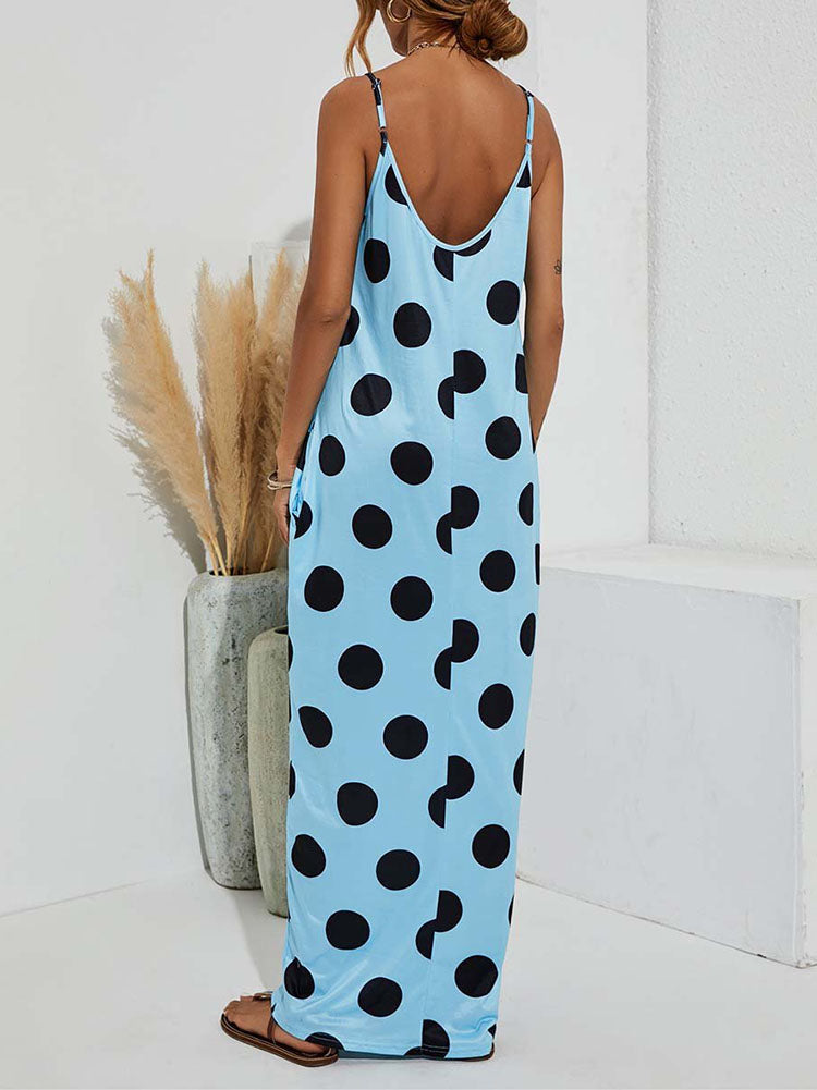 Polka dot maxi dress with spaghetti straps and pockets - View 11 | Lwiis